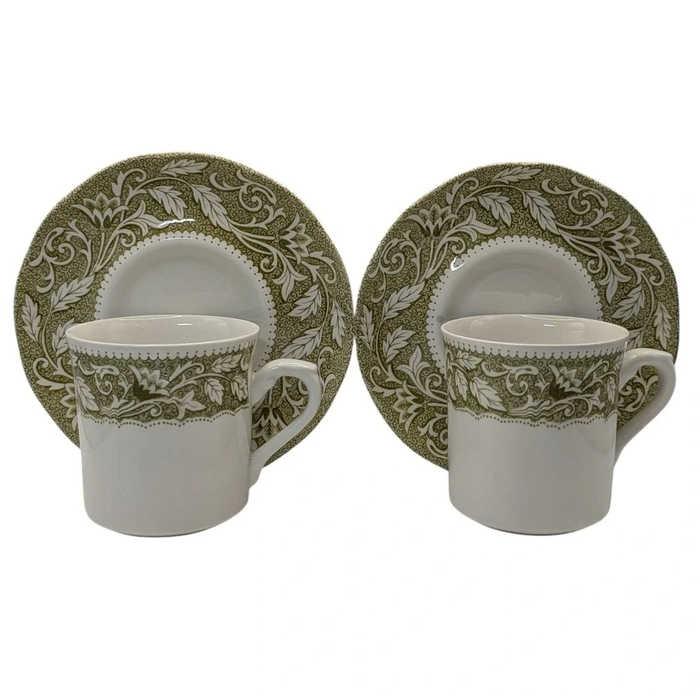 J G Meakin Teacups Saucers Renaissance‎ Green English Ironstone Set of Two SEE